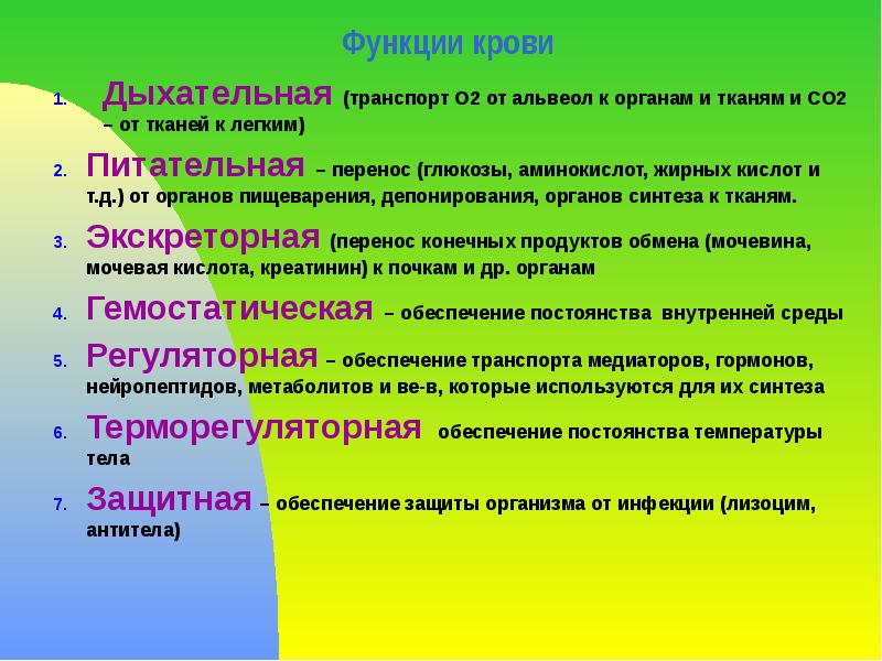 Функции крови Дыхательная (транспорт О2 от альвеол к органам и тканям