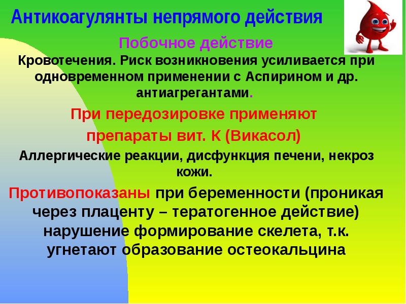 Антикоагулянты непрямого действия Побочное действие Кровотечения. Риск возникновения усиливается при одновременном
