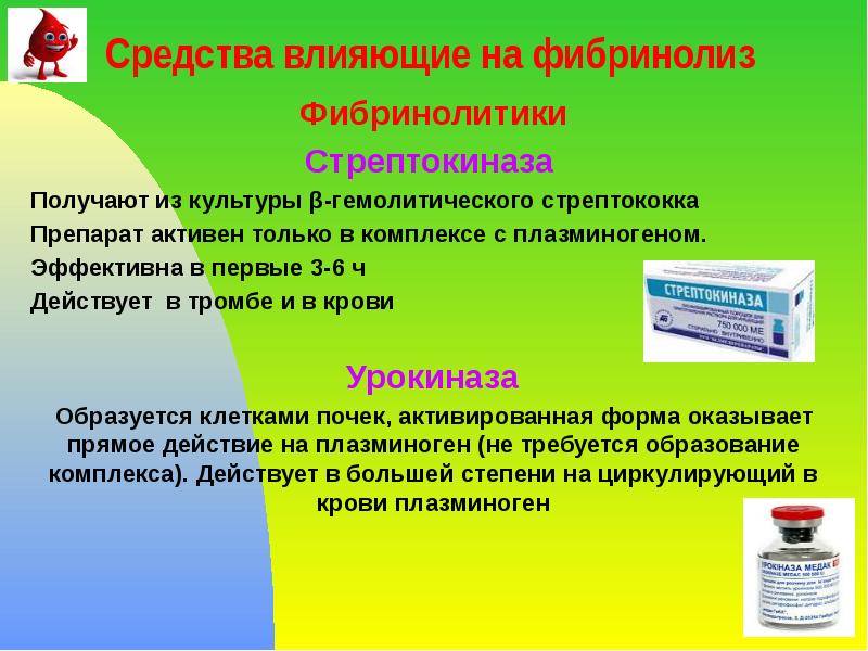 Средства влияющие на фибринолиз Фибринолитики Стрептокиназа  Получают из культуры β-гемолитического