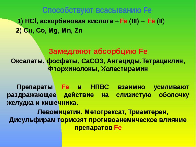 Способствуют всасыванию Fe    1) HCl, аскорбиновая кислота→Fe (III)→