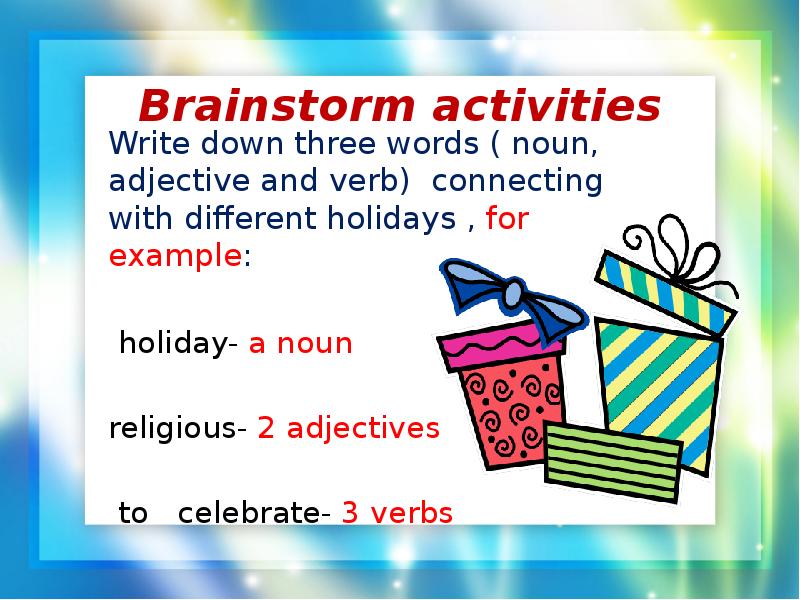 Holiday holidays difference. Brainstorming activities на уроках английского языка. Warming up на уроке английского языка. Brainstorm activity. Warming up activities на уроках английского языка.