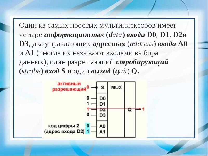 Имеет 4 входа. Селектор мультиплексор. Мультиплексор 4 входа данных 2 адресных. Мультиплексор это простыми словами. Мультиплексор 2 информационных и 1 адресный.