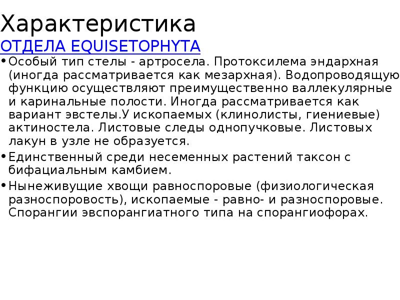 Характеристика ОТДЕЛА EQUISETOPHYTA Особый тип стелы - артросела. Протоксилема эндархная (иногда