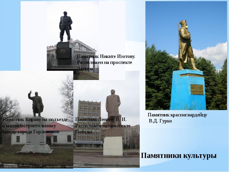 4 памятника культуры. Горловка памятник Ленину. Памятник культуры Никита. Памятники истории и культуры машиностроительного завода. Памятники Кирова доклад.