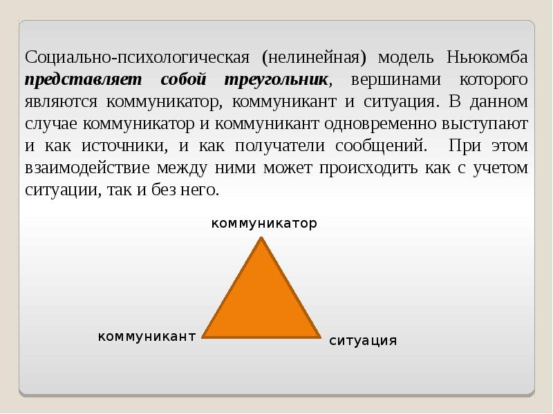 Социально психологические модели. Модель коммуникации т. Ньюкомб. Модель коммуникации – социально-психологическая (Ньюкомб). Нелинейная модель Ньюкомба.