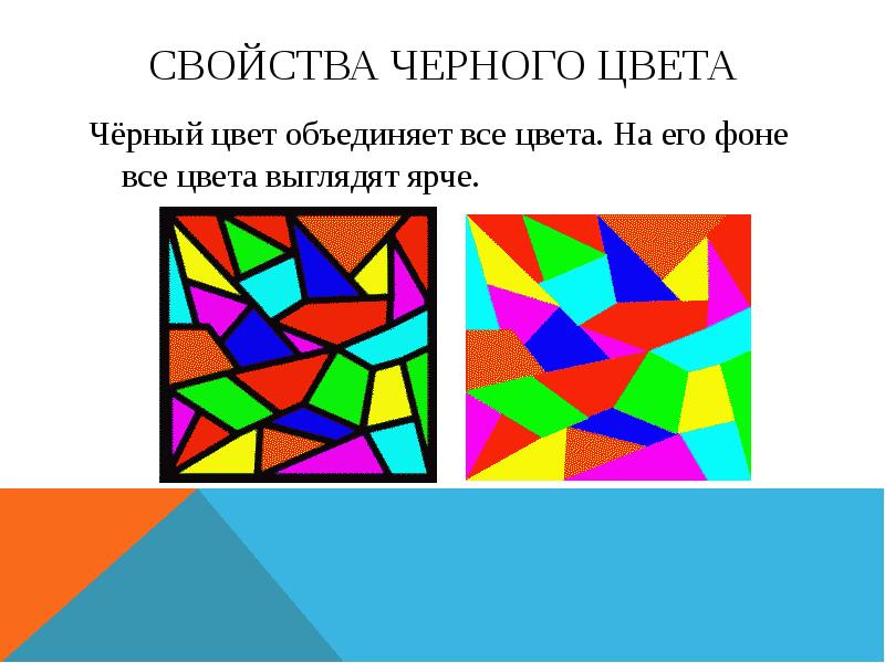 Свойства черного цвета Чёрный цвет объединяет все цвета. На его фоне