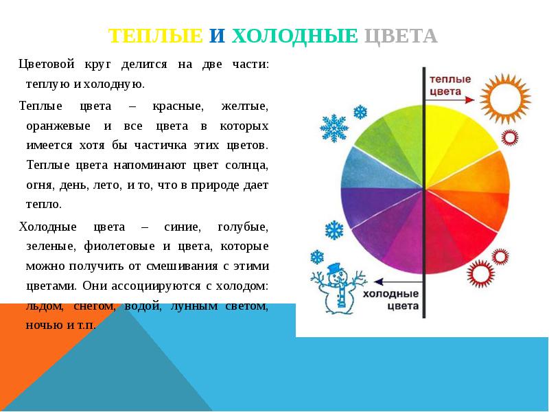 Цветовой круг делится на две части: теплую и холодную. Цветовой круг