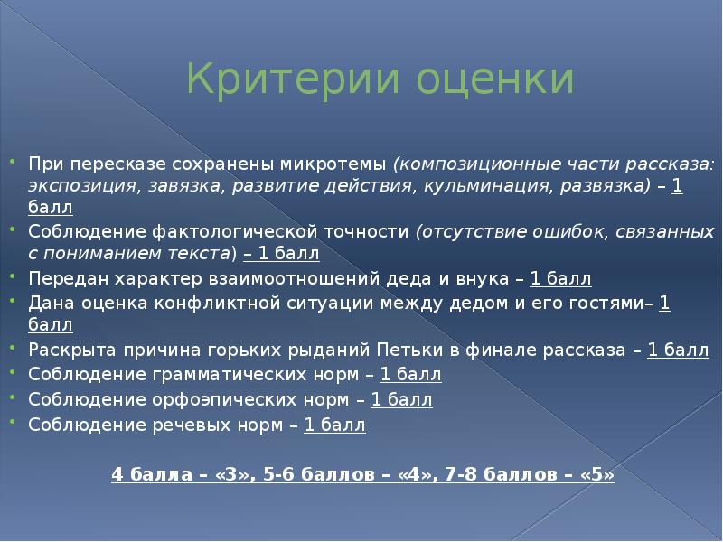 Критерии оценки При пересказе сохранены микротемы (композиционные части рассказа: экспозиция, завязка,