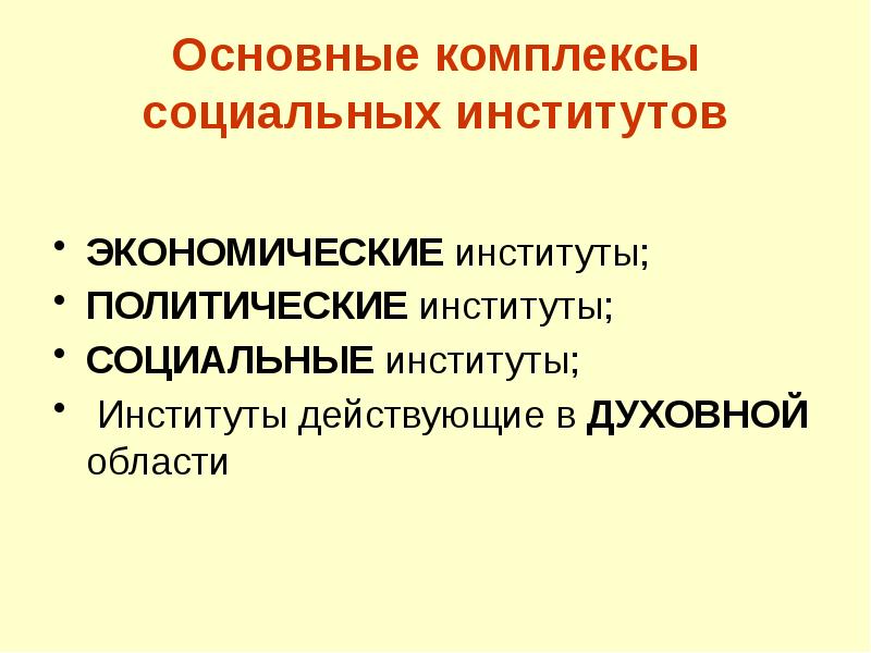 Основные комплексы социальных институтов ЭКОНОМИЧЕСКИЕ институты; ПОЛИТИЧЕСКИЕ институты; СОЦИАЛЬНЫЕ институты; 