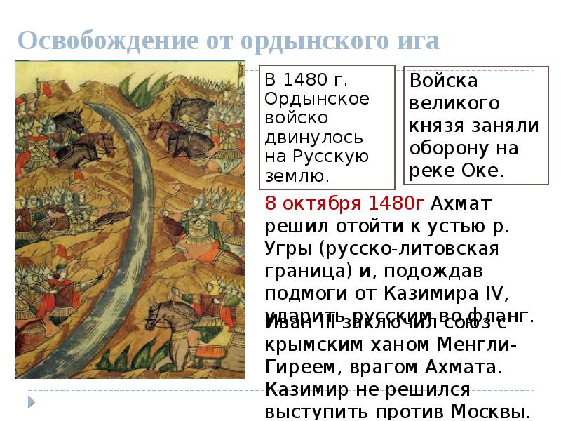 Освобождение руси. Освобождение от Ордынской Ига (1480 г.). Иван 3 освобождение от Ордынского владычества. Освобождение Руси от Ордынского владычества Дата. Освобождение от Ордынского Ига (1480 – стояние на реке Угре)..