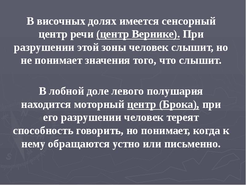 В височных долях имеется сенсорный центр речи (центр Вернике). При разрушении В височных долях имеется сенсорный центр речи (центр Вернике). При разрушении