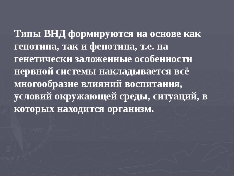 Типы ВНД формируются на основе как генотипа, так и фенотипа, т.е. Типы ВНД формируются на основе как генотипа, так и фенотипа, т.е.