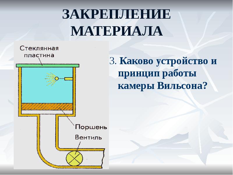 ЗАКРЕПЛЕНИЕ МАТЕРИАЛА
3. Каково устройство и принцип работы камеры Вильсона? ЗАКРЕПЛЕНИЕ МАТЕРИАЛА
3. Каково устройство и принцип работы камеры Вильсона?