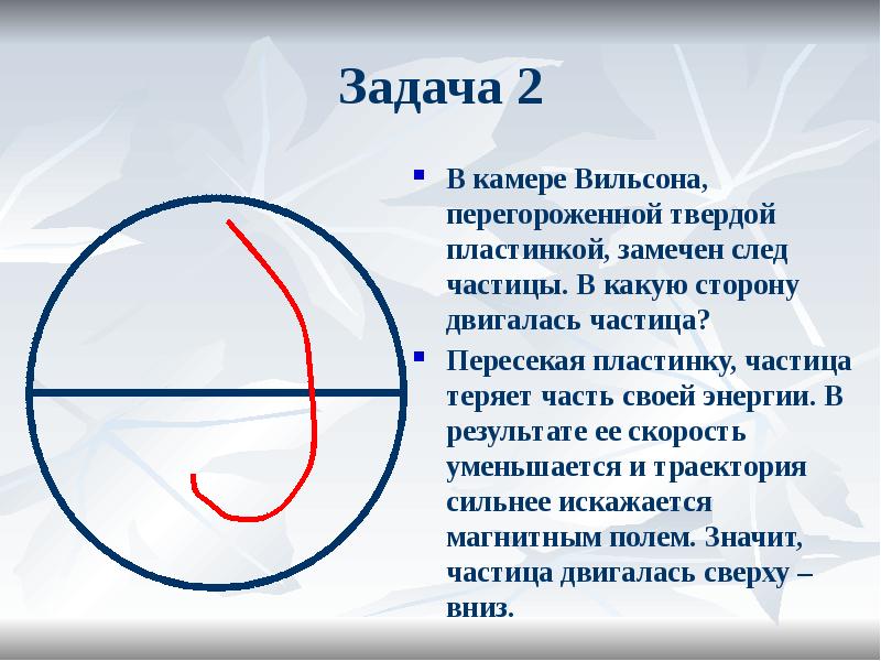 Задача 2
В камере Вильсона, перегороженной твердой пластинкой, замечен след частицы. Задача 2
В камере Вильсона, перегороженной твердой пластинкой, замечен след частицы.