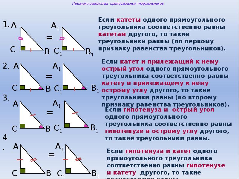 Признаки равенства прямоугольных треугольников по готовым чертежам