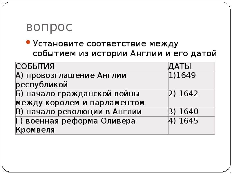 История Англии даты и события. Установите соответствие между а и б начало английской революции. Март 1649.