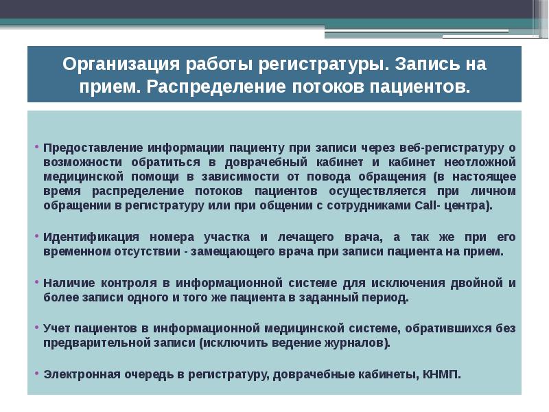 Запись пациента на прием. Порядок организации работы регистратуры. Принцип работы регистратуры в поликлинике. Распределение потоков пациентов.