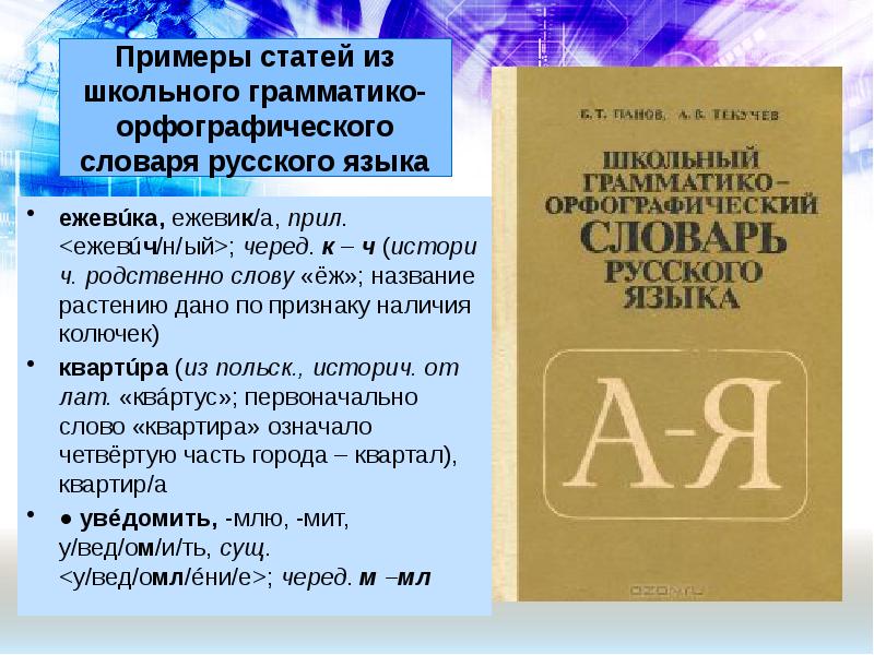 Составление списка основных типов словарей с образцами словарных статей