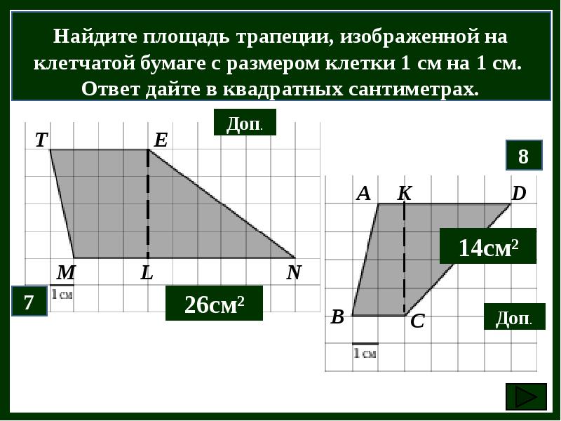 Найдите площадь трапеции изображенной на рисунке на клеточной бумаге огэ