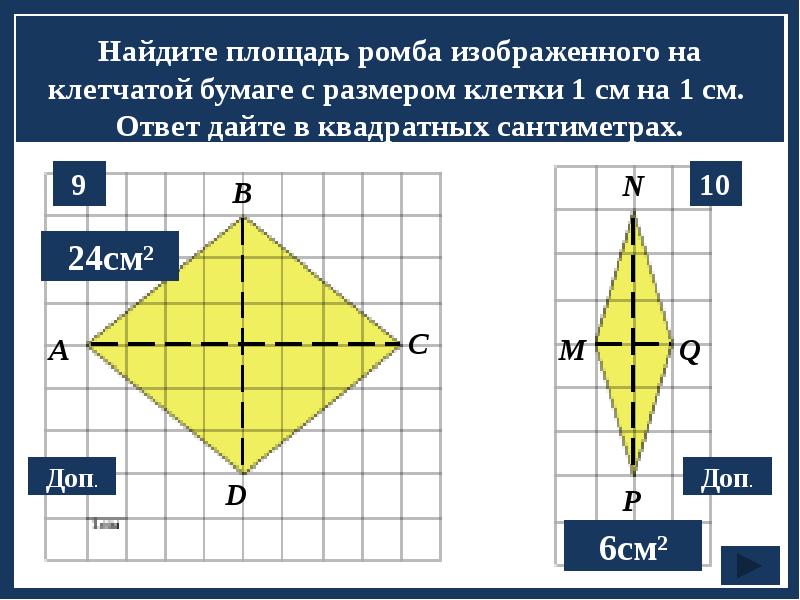 На рисунке на бумаге в клетку нарисовали ромб площадь клетки 9 условных единиц