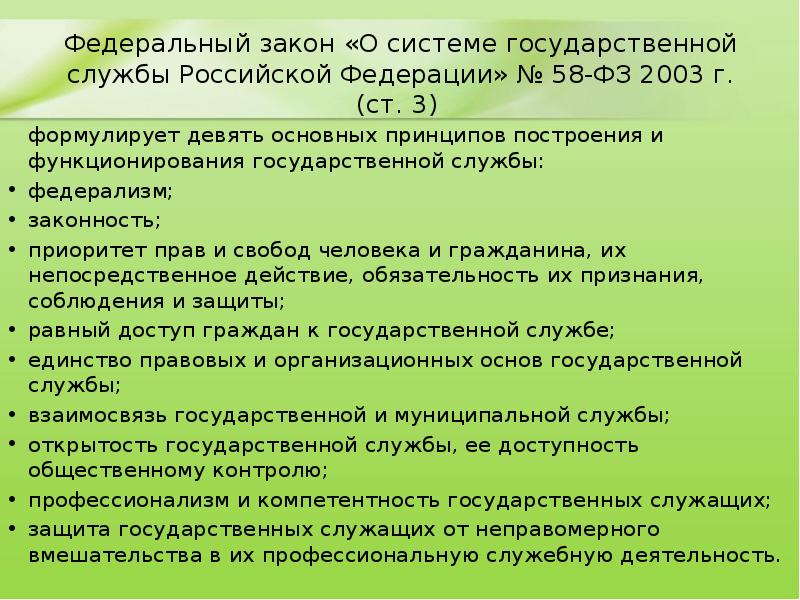 Федеральный закон «О системе государственной службы Российской Федерации» № 58-ФЗ 2003