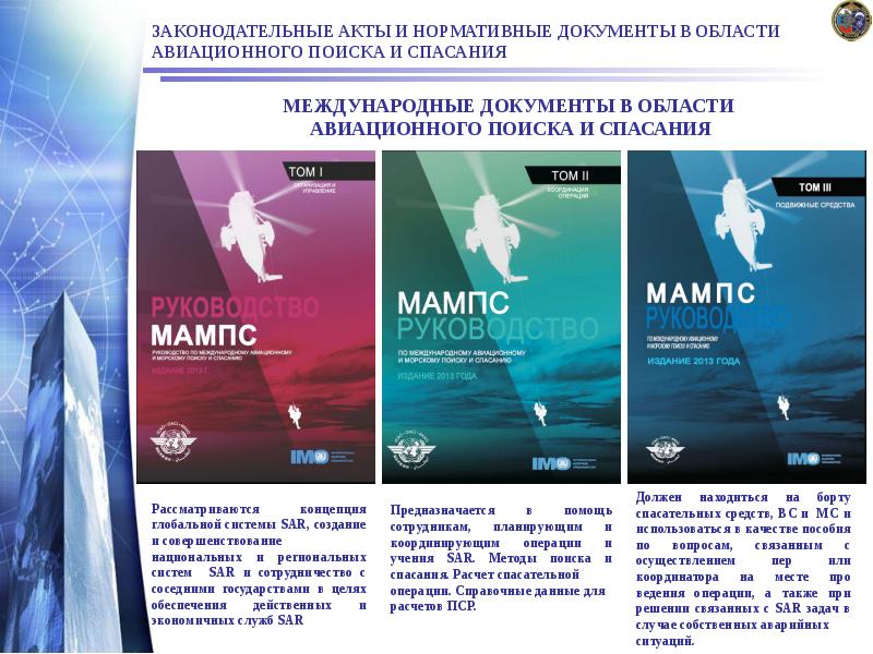 ЗАКОНОДАТЕЛЬНЫЕ АКТЫ И НОРМАТИВНЫЕ ДОКУМЕНТЫ В ОБЛАСТИ АВИАЦИОННОГО ПОИСКА И СПАСАНИЯ
ЗАКОНОДАТЕЛЬНЫЕ АКТЫ И НОРМАТИВНЫЕ ДОКУМЕНТЫ В ОБЛАСТИ АВИАЦИОННОГО ПОИСКА И СПАСАНИЯ