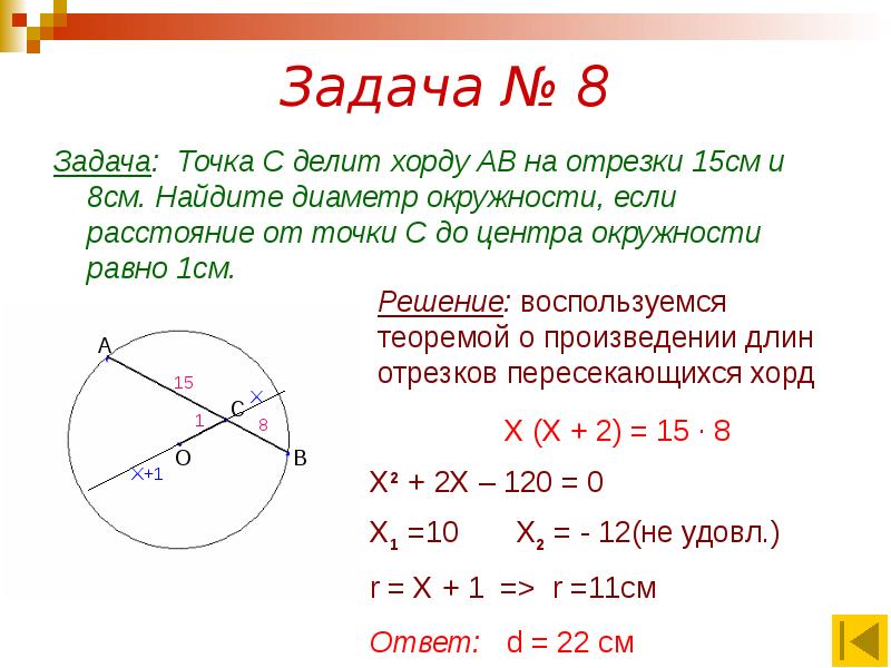 Расстояние от центра до точки. Отрезки хорд окружности. Как найти диаметр окружности через хорду.