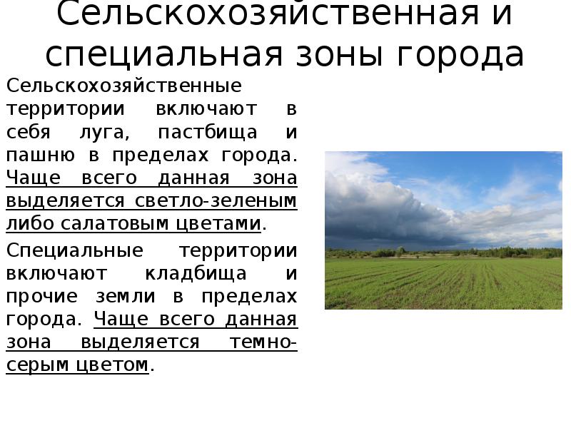 Сельскохозяйственная и специальная зоны города
Сельскохозяйственные территории включают в себя луга, Сельскохозяйственная и специальная зоны города
Сельскохозяйственные территории включают в себя луга,