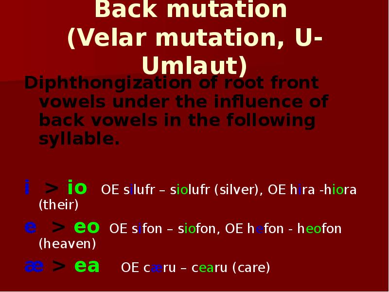 Back mutation  (Velar mutation, U-Umlaut) Diphthongization of root front vowels