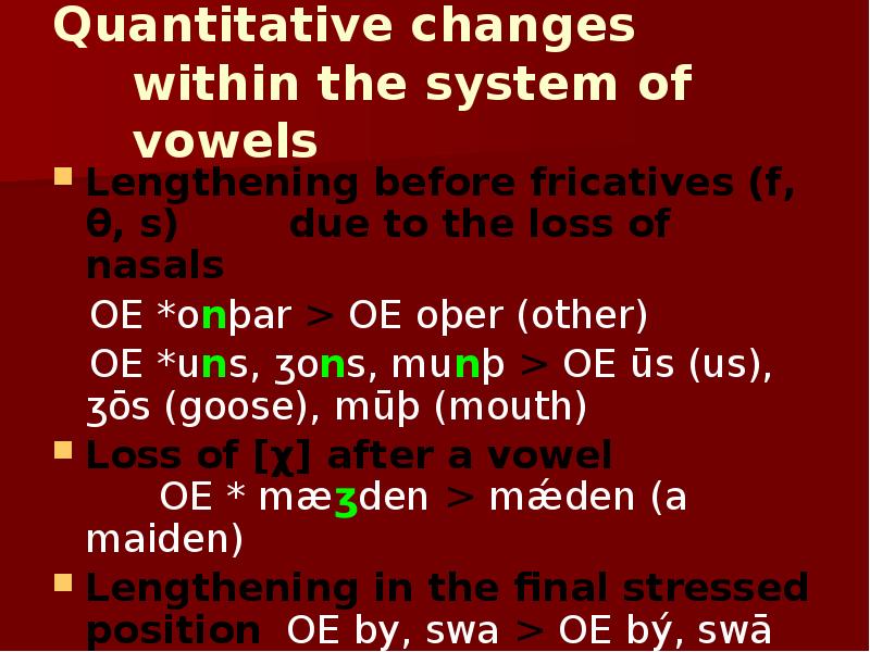 Quantitative changes within the system of vowels Lengthening before fricatives (f,