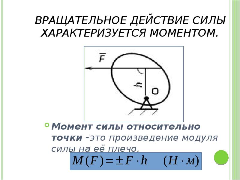 Вращательное действие силы характеризуется моментом. Момент силы относительно точки -это произведение