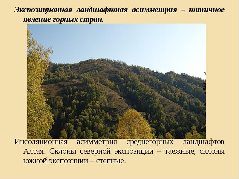 Экспозиционная ландшафтная асимметрия – типичное явление горных стран.
Экспозиционная ландшафтная асимметрия Экспозиционная ландшафтная асимметрия – типичное явление горных стран.
Экспозиционная ландшафтная асимметрия