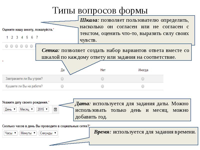 Типы вопросов формы Типы вопросов формы