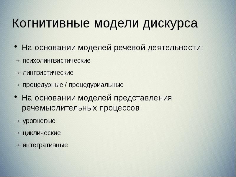 Когнитивные модели дискурса На основании моделей речевой деятельности: → психолингвистические →
