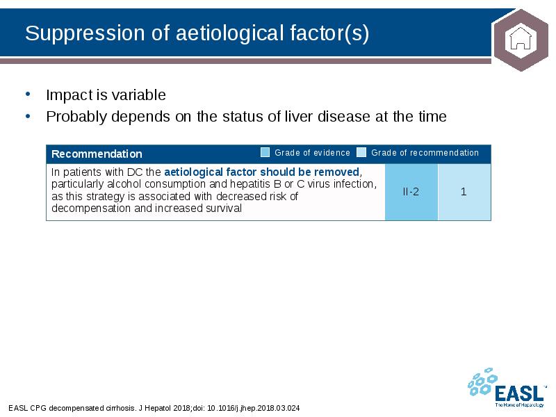 Suppression of aetiological factor(s)
EASL CPG decompensated cirrhosis. J Hepatol 2018;doi: Suppression of aetiological factor(s)
EASL CPG decompensated cirrhosis. J Hepatol 2018;doi: