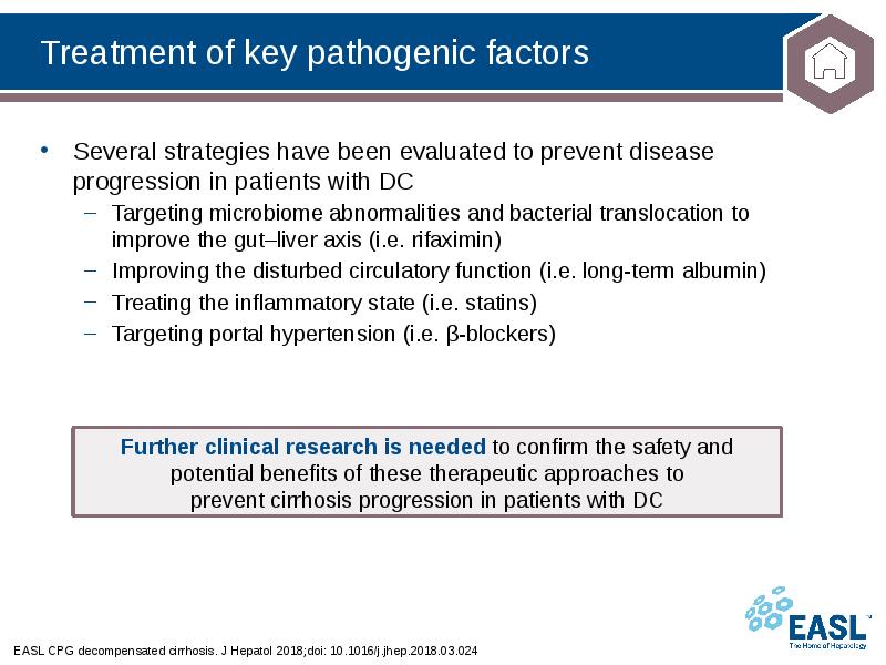Treatment of key pathogenic factors
EASL CPG decompensated cirrhosis. J Hepatol Treatment of key pathogenic factors
EASL CPG decompensated cirrhosis. J Hepatol