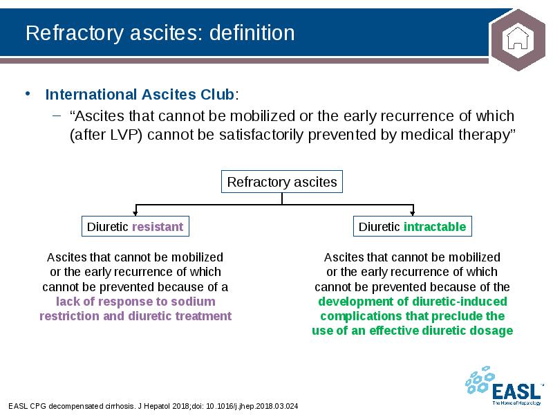 Refractory ascites: definition
EASL CPG decompensated cirrhosis. J Hepatol 2018;doi: 10.1016/j.jhep.2018.03.024 Refractory ascites: definition
EASL CPG decompensated cirrhosis. J Hepatol 2018;doi: 10.1016/j.jhep.2018.03.024