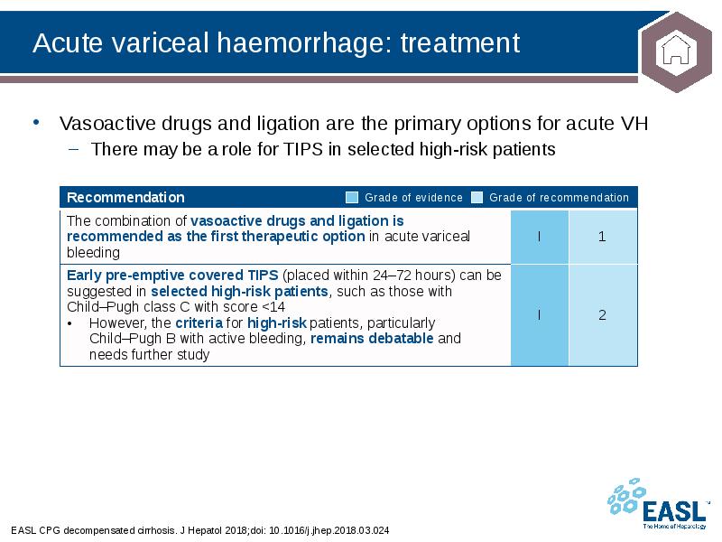 Acute variceal haemorrhage: treatment
EASL CPG decompensated cirrhosis. J Hepatol 2018;doi: Acute variceal haemorrhage: treatment
EASL CPG decompensated cirrhosis. J Hepatol 2018;doi: