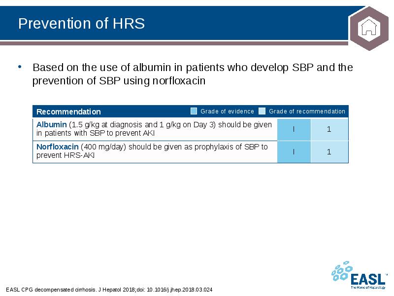 Prevention of HRS
EASL CPG decompensated cirrhosis. J Hepatol 2018;doi: 10.1016/j.jhep.2018.03.024 Prevention of HRS
EASL CPG decompensated cirrhosis. J Hepatol 2018;doi: 10.1016/j.jhep.2018.03.024