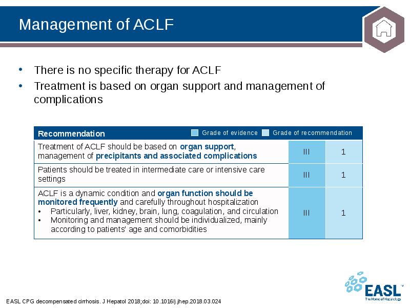 Management of ACLF
EASL CPG decompensated cirrhosis. J Hepatol 2018;doi: 10.1016/j.jhep.2018.03.024 Management of ACLF
EASL CPG decompensated cirrhosis. J Hepatol 2018;doi: 10.1016/j.jhep.2018.03.024
