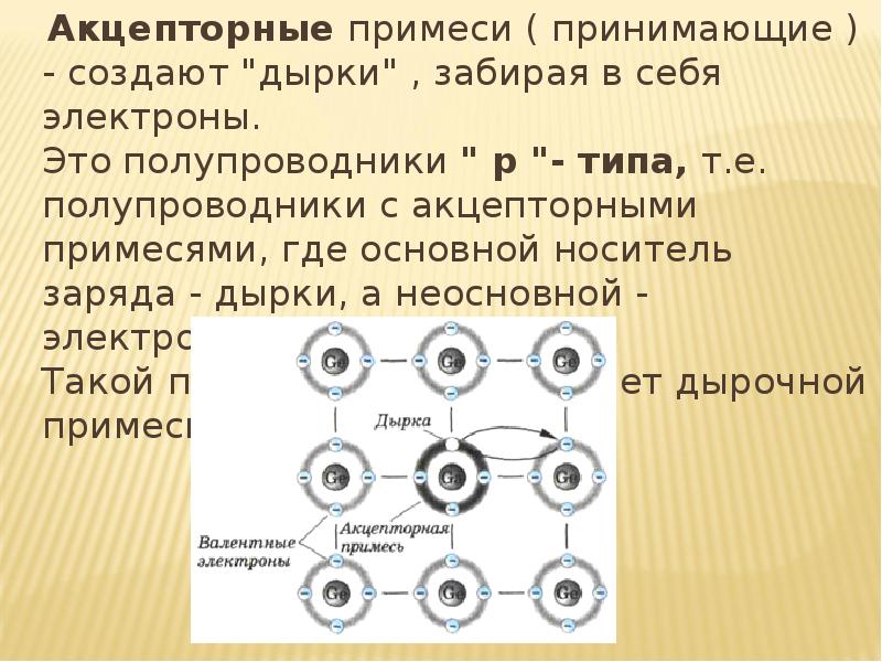 Акцепторные примеси ( принимающие ) - создают "дырки" , забирая в
