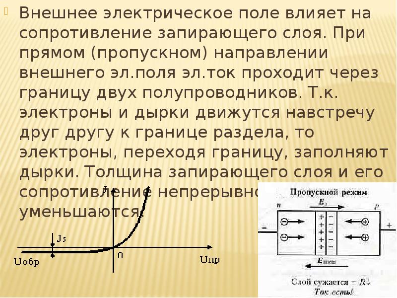 Внешнее электрическое поле влияет на сопротивление запирающего слоя. При прямом (пропускном)