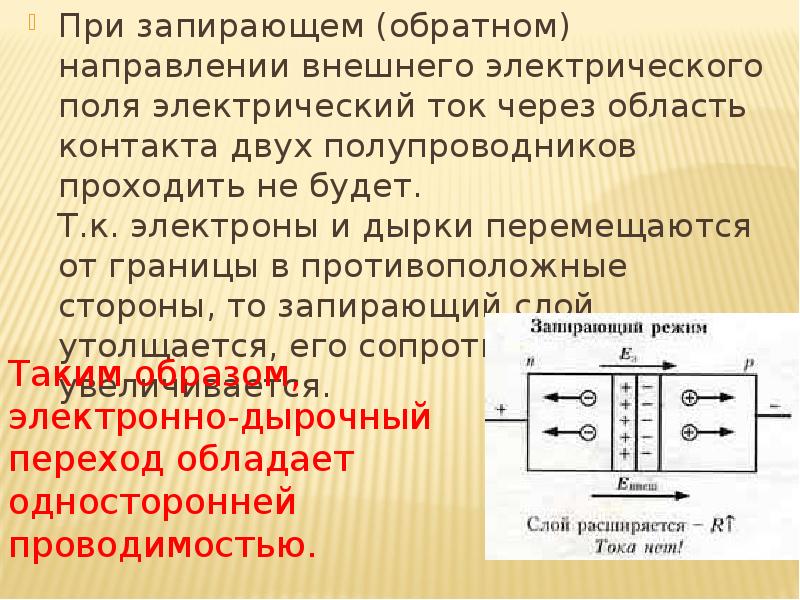 При запирающем (обратном) направлении внешнего электрического поля электрический ток через область
