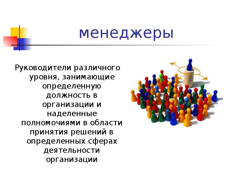 менеджеры
Руководители различного уровня, занимающие определенную должность в организации и наделенные менеджеры
Руководители различного уровня, занимающие определенную должность в организации и наделенные