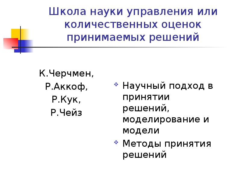 Школа науки управления или количественных оценок принимаемых решений
К.Черчмен,
Р.Аккоф,
Р.Кук,
Школа науки управления или количественных оценок принимаемых решений
К.Черчмен,
Р.Аккоф,
Р.Кук,