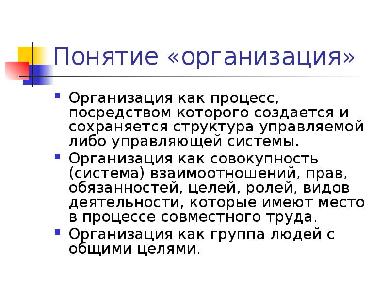 Понятие «организация»
Организация как процесс, посредством которого создается и сохраняется структура Понятие «организация»
Организация как процесс, посредством которого создается и сохраняется структура