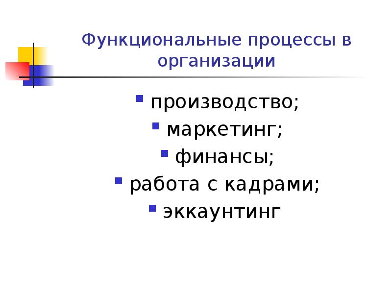 Функциональные процессы в организации
производство;
маркетинг;
финансы;
работа с кадрами;
эккаунтинг Функциональные процессы в организации
производство;
маркетинг;
финансы;
работа с кадрами;
эккаунтинг