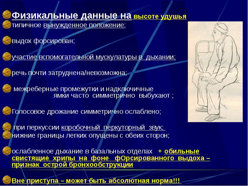 Физикальные данные на высоте удушья Физикальные данные на высоте удушья типичное
