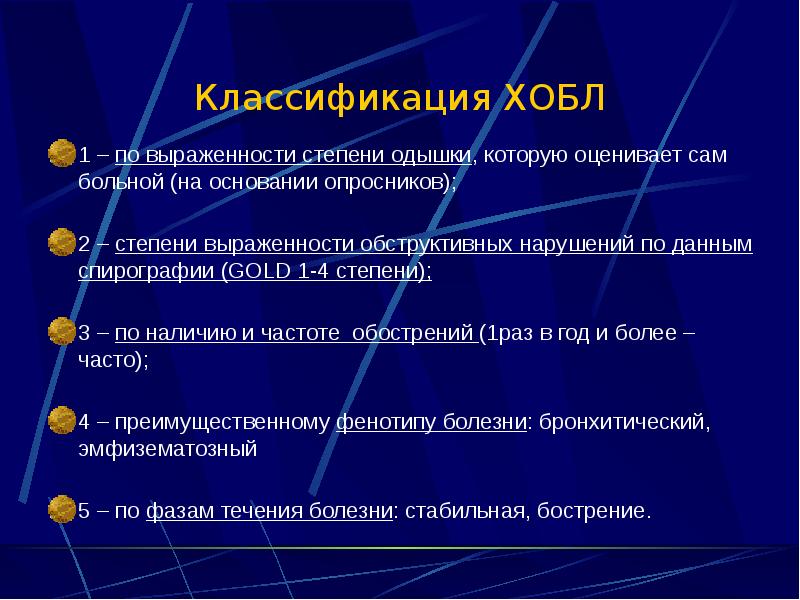Классификация ХОБЛ 1 – по выраженности степени одышки, которую оценивает сам