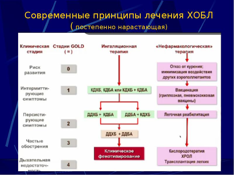 Современные принципы лечения ХОБЛ ( постепенно нарастающая)